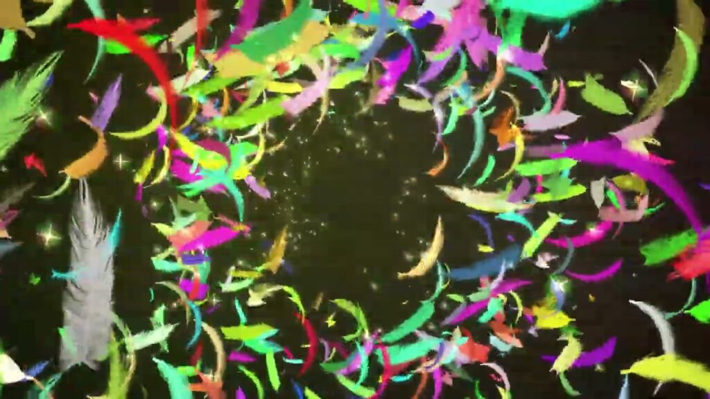 カラフルな羽根の光の粒子エフェクト素材