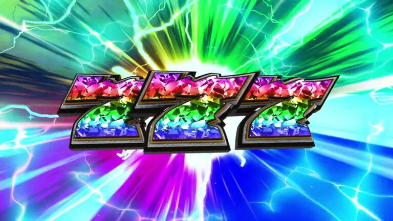 青と緑の光が四方に走る虹色777揃いの演出素材｜無料ループのサムネイル